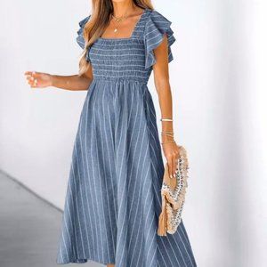 New Cupshe Striped Smocked Ruffle Sleeve Dress